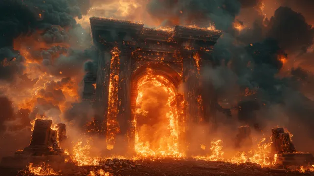 Burning stone arch gate at a dark hell entrance amid flames and smoky ruins