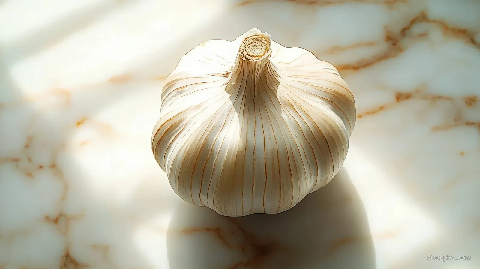 A whole garlic bulb sits on a smooth marble surface under soft natural light with a gentle shadow.