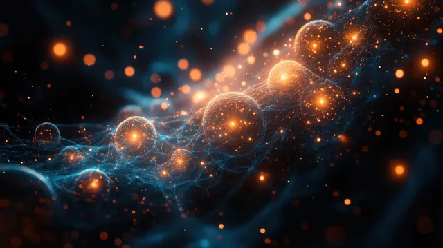 Glowing node network lines drift through cosmic space with orange data orbs