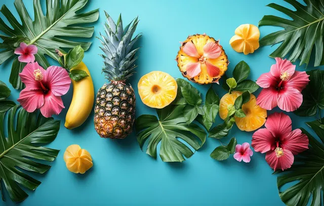 Tropical fruit and flowers flat lay with pineapple, banana, oranges, limes on blue
