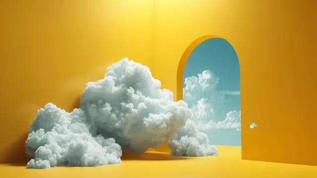 3D yellow backdrop with white clouds and blue arch portal, soft shadows