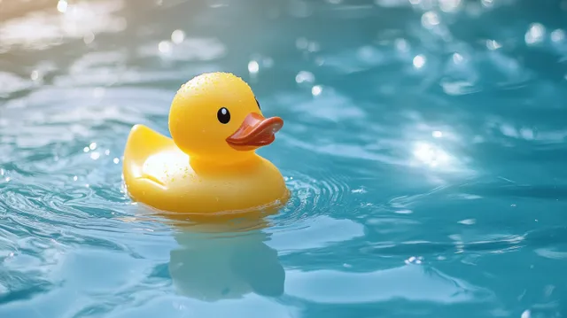 A yellow rubber duck floats on rippled blue water with bright sunlight reflections and small droplets.