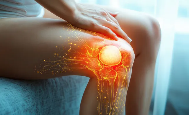 A person holds a sore knee while glowing lines highlight inner joint anatomy and pain.
