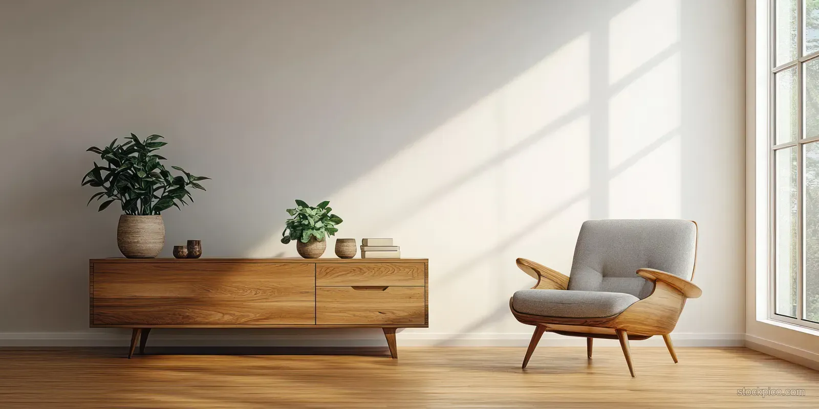 Sunlit Scandinavian living room featuring a wooden sideboard with potted plants and a light upholstered armchair.