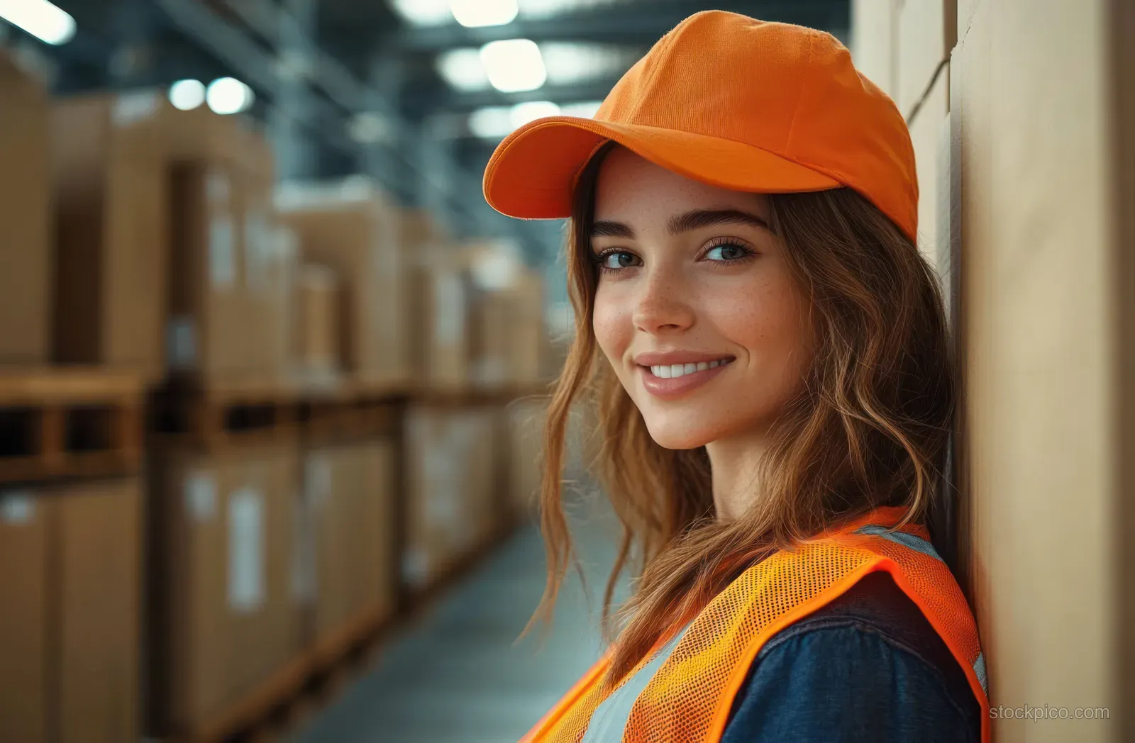 Young woman in orange safety vest and cap smiles in a warehouse aisle with stacked cardboard boxes behind her.