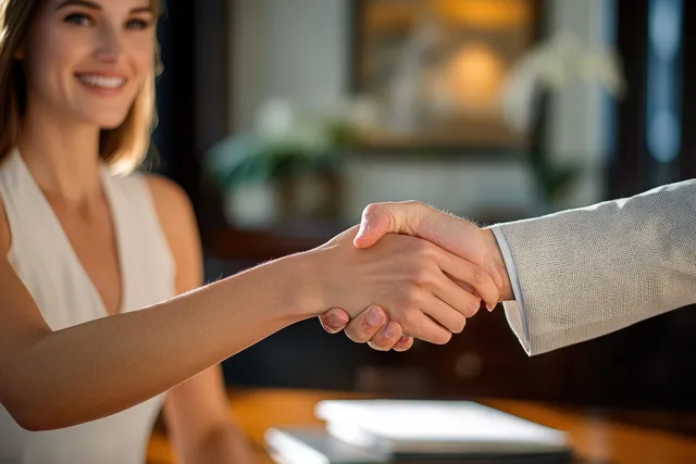A businesswoman shakes hands with a client in an office during a meeting with a blurred background.