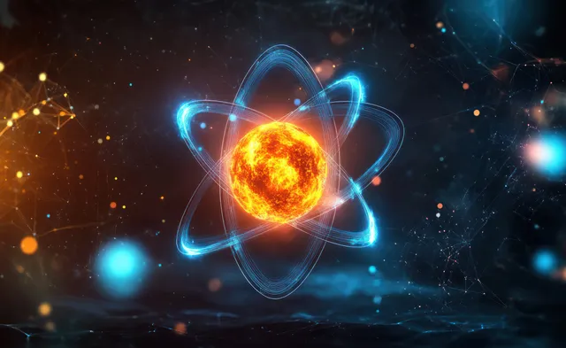 A fiery nucleus sits in the center of a glowing atom diagram with blue electron orbits against a dark energy background.