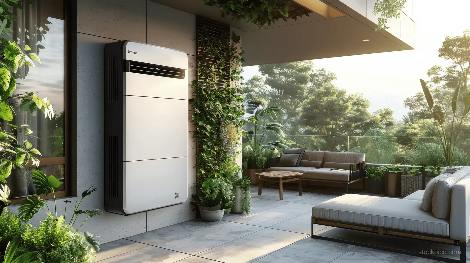 Wall-mounted solar battery storage unit beside potted plants on a sunny outdoor patio.
