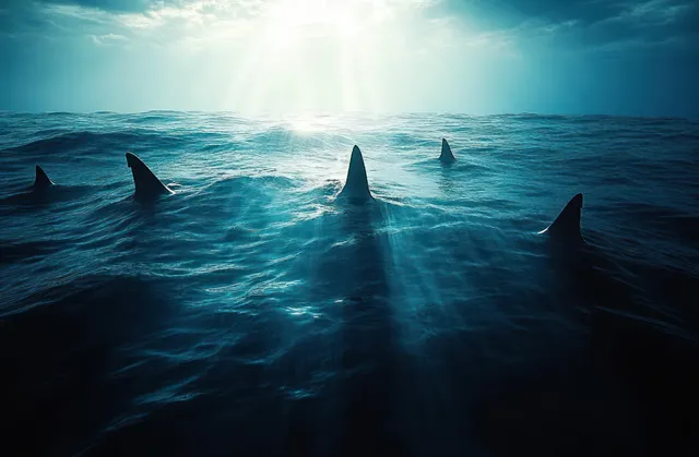 Shark fins rise from dark blue ocean water under sun rays cutting through cloudy sky.