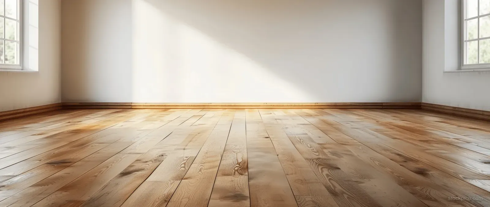 Minimalist empty interior with white wall and warm wooden parquet floor lit by daylight from windows.
