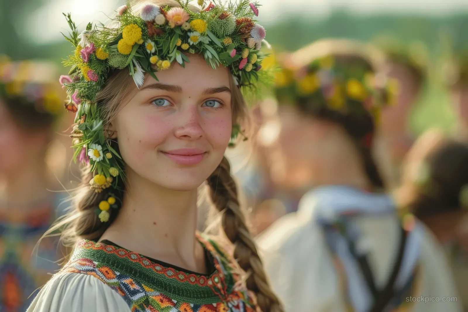 Slavic woman smiling in traditional folk dress wearing a colorful flower wreath crown with festival people blurred behind her.