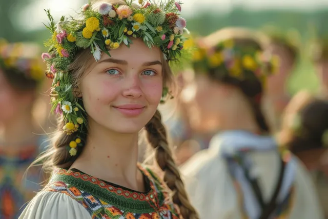 Slavic woman smiling in traditional folk dress wearing a colorful flower wreath crown with festival people blurred behind her.
