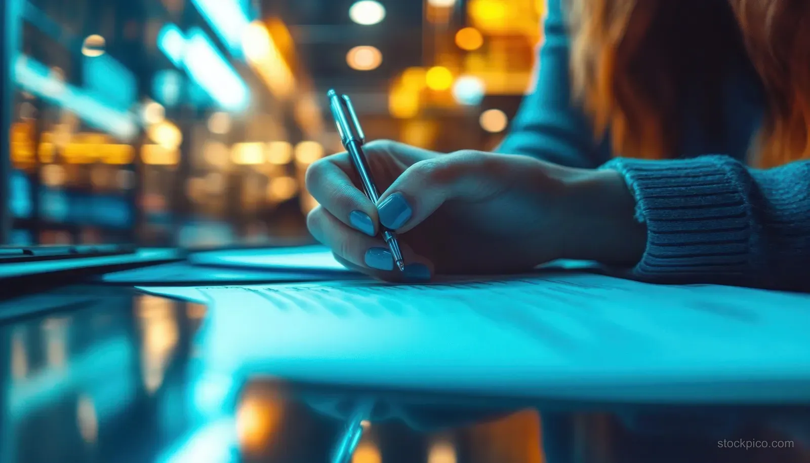 A person writes on a document at a desk with blurred office lights behind.
