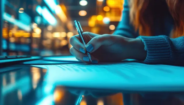 Hand signing document at desk with glowing office reflections