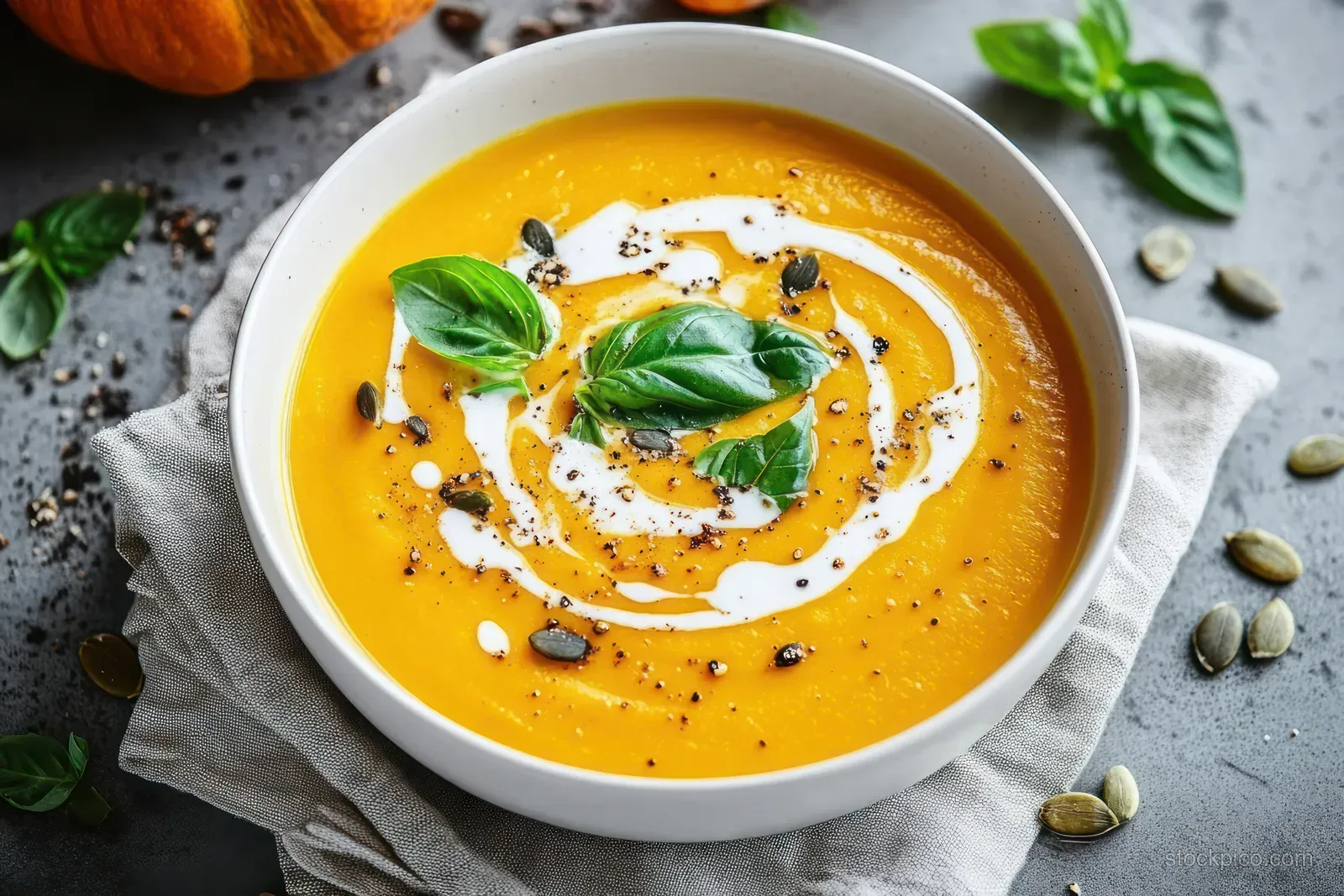Creamy orange pumpkin soup in a white bowl garnished with basil, pumpkin seeds, and black pepper on gray cloth.