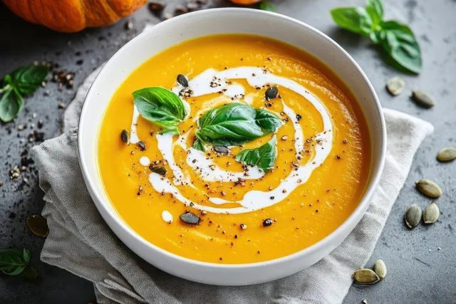 Creamy orange pumpkin soup in a white bowl garnished with basil, pumpkin seeds, and black pepper on gray cloth.