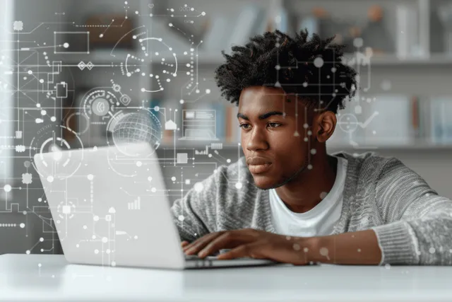 Young student using a laptop with AI learning overlays during an online course session
