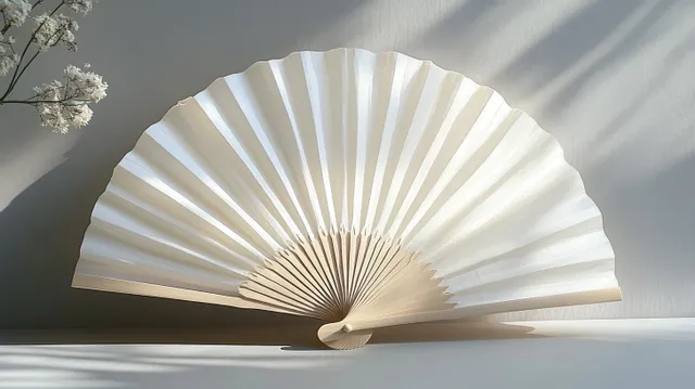 Minimalist white folding hand fan open in soft natural light on a pale fabric