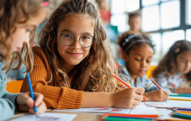Student draws with colored pencils in a sunny classroom while a teacher assists behind her.