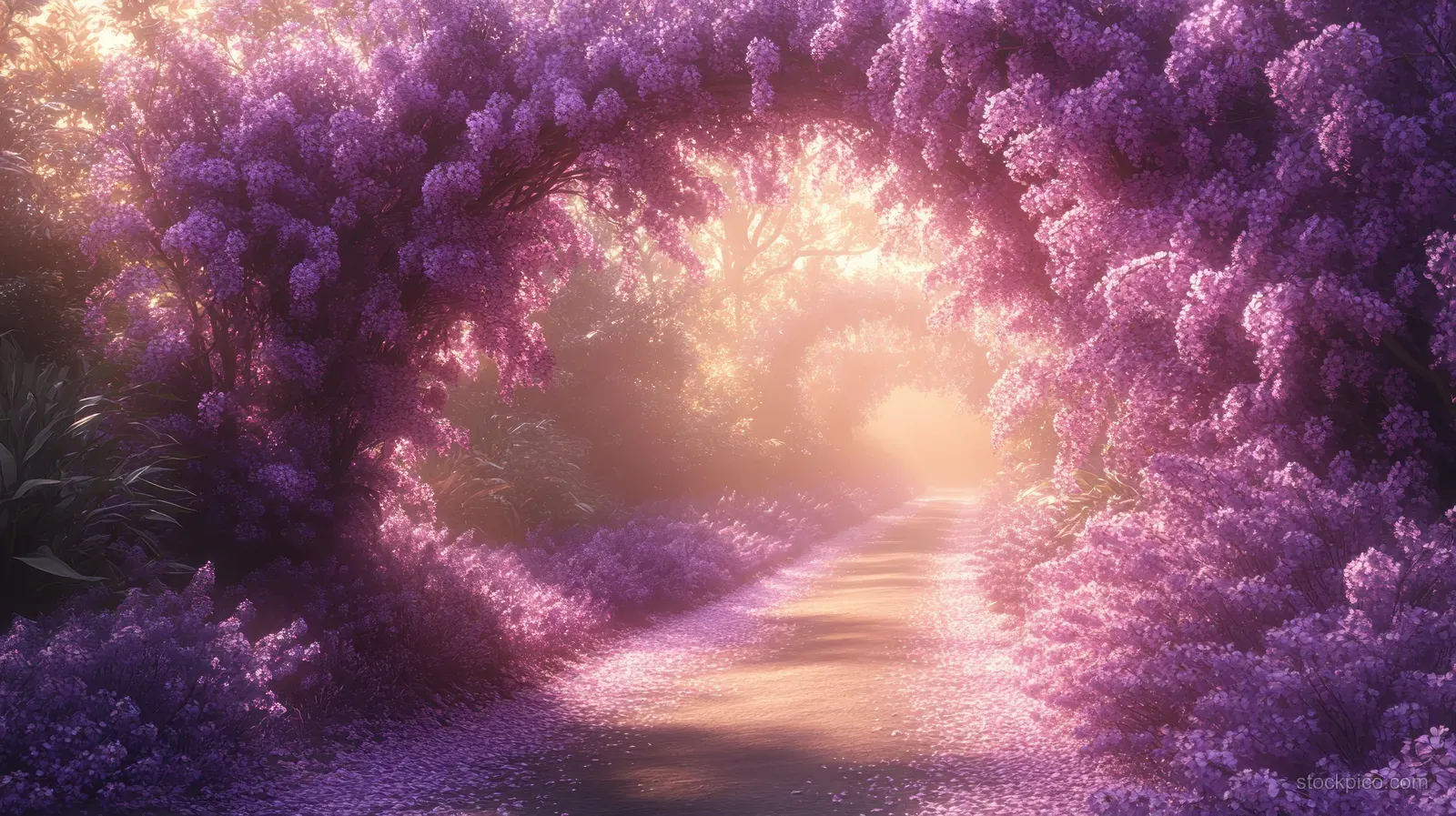 Purple wisteria archway frames a glowing path leading into a misty magical woodland.