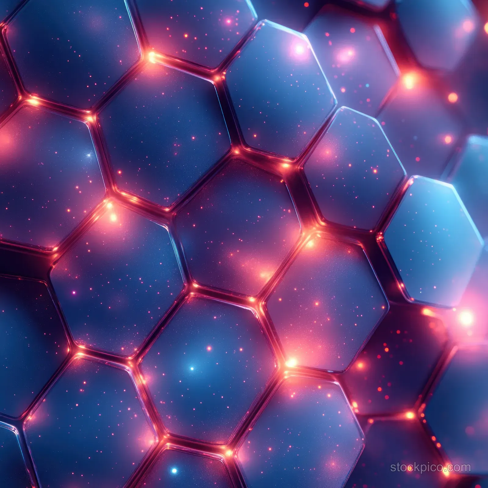 Glowing hexagonal molecular cells and connection points form an abstract medical science background.