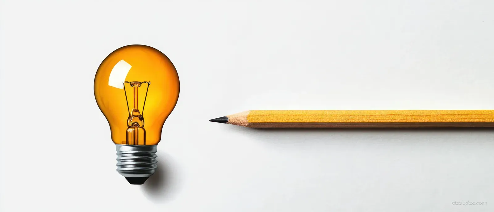 A yellow incandescent light bulb and a sharpened yellow pencil rest on a white surface with distinct shadows.