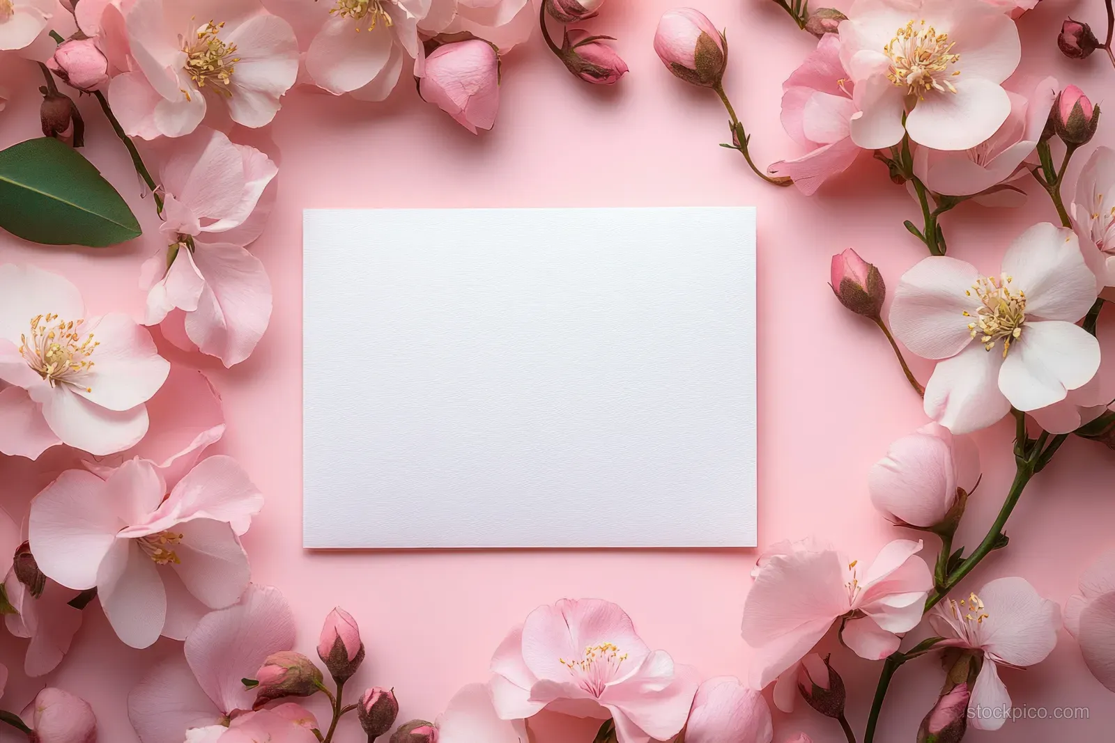Blank wedding card centered on pale pink background with surrounding white and blush flowers and green leaves.