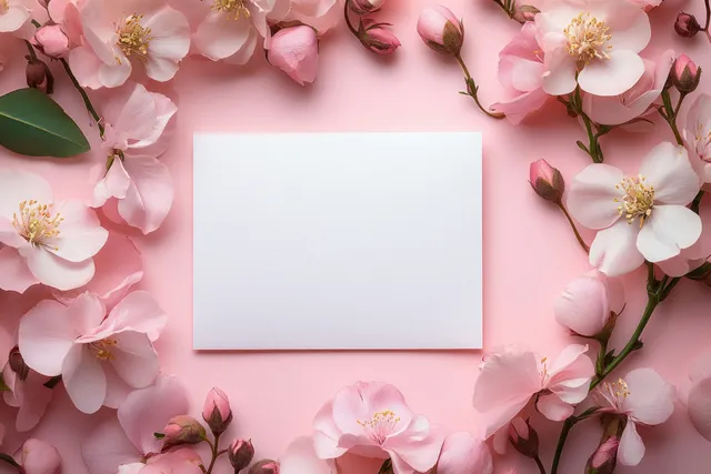 Blank wedding card on pale pink background surrounded by soft white and blush flowers