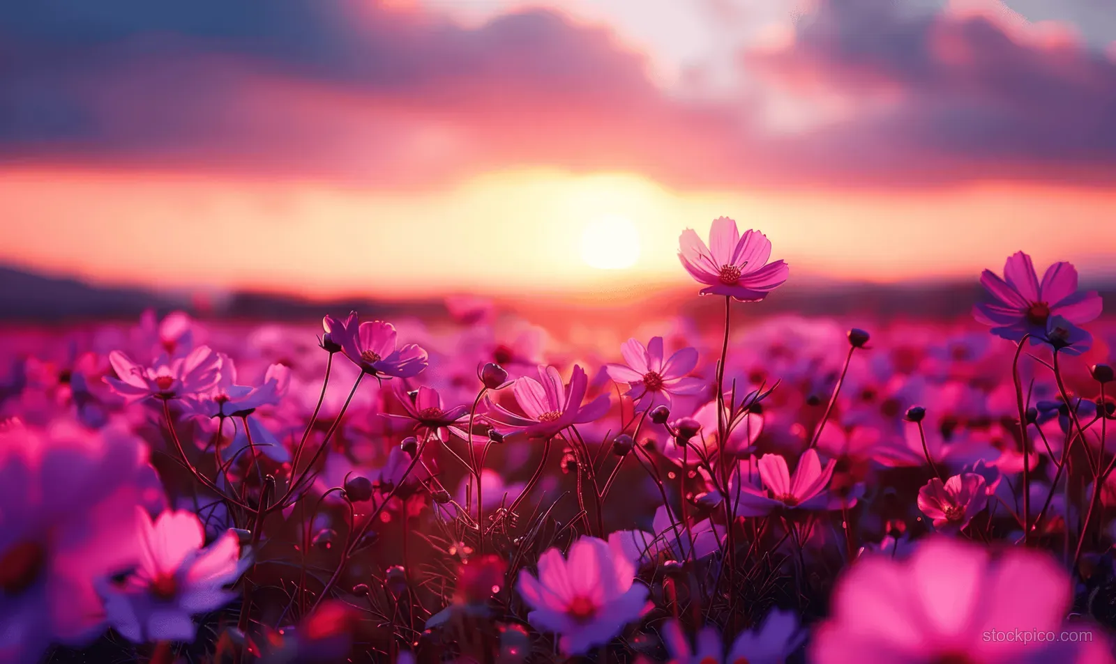 Pink and purple wildflowers in a meadow with a glowing sunset sky in the background.