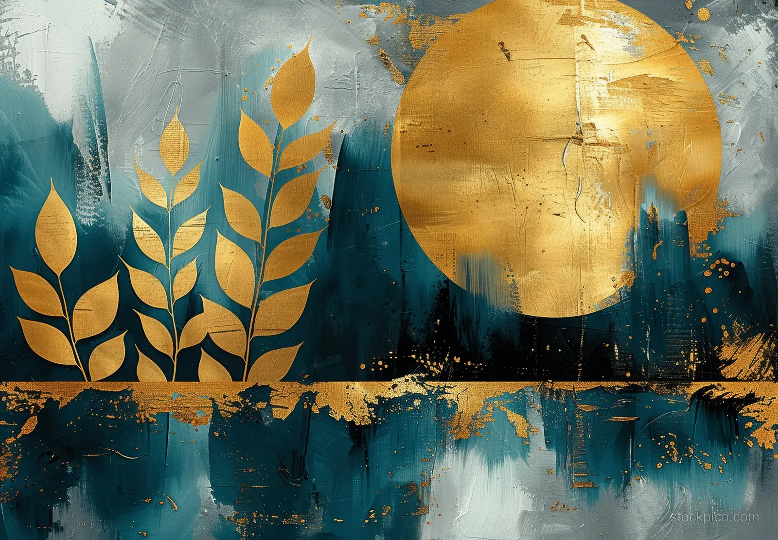 Teal and gold abstract painting with a large moon circle, geometric trees, and splattered brush texture.