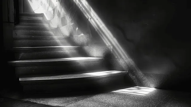 A dark staircase in an old house illuminated by sunlight rays, casting long high-contrast shadows on the steps.