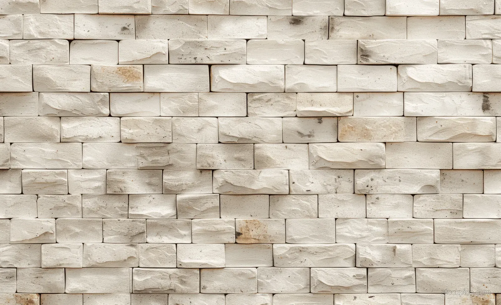 Seamless beige and white brick wall texture with mortar joints and slightly weathered stone surfaces.