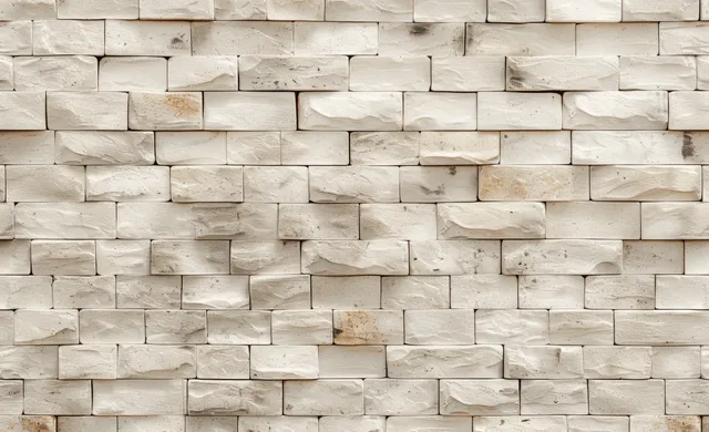 Seamless beige and white brick wall texture with mortar joints and slightly weathered stone surfaces.