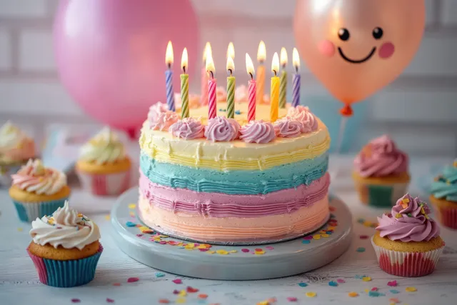 A colorful layered birthday cake with lit candles on a white table, surrounded by frosted cupcakes and balloons in the background.