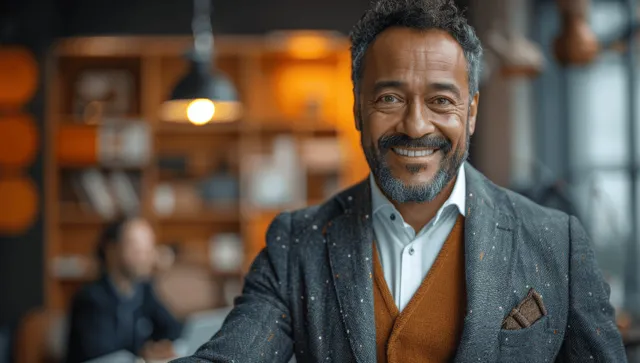 Smiling African American businessman handshake in office, warm bokeh lights behind