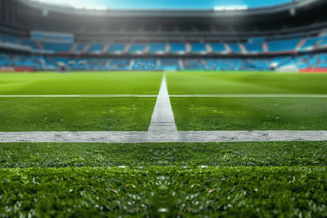 Blurred empty soccer field with green grass and white lines viewed from high stadium stands.