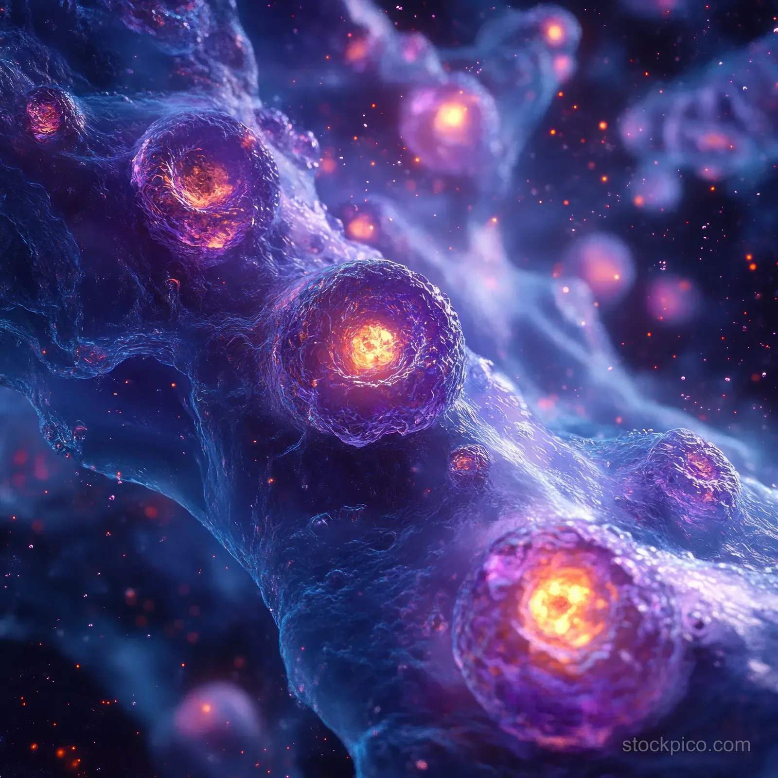 Glowing virus-like particles move through a dark blue microscopic bloodstream with floating light orbs.