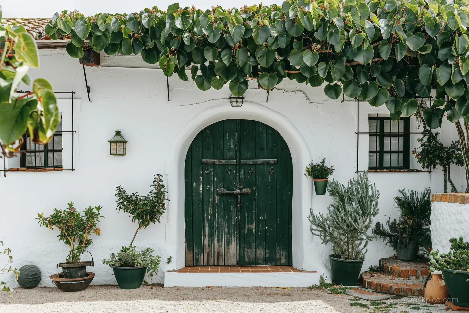 White Spanish villa entrance with a dark green wooden door, potted plants, and vines overhead.