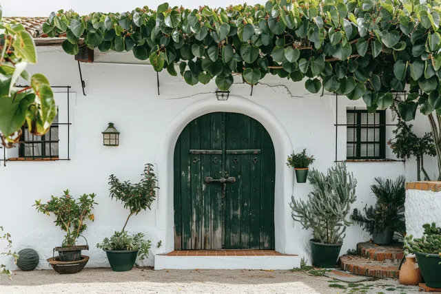 White Spanish villa entrance with a dark green wooden door, potted plants, and vines overhead.