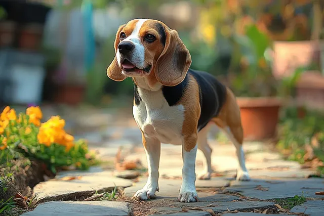 Beagle dog standing attentively on a stone path in a garden with yellow flowers and green foliage.