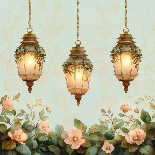 Three vintage hanging lanterns glow warmly above pink flowers and green foliage on a pastel botanical background.