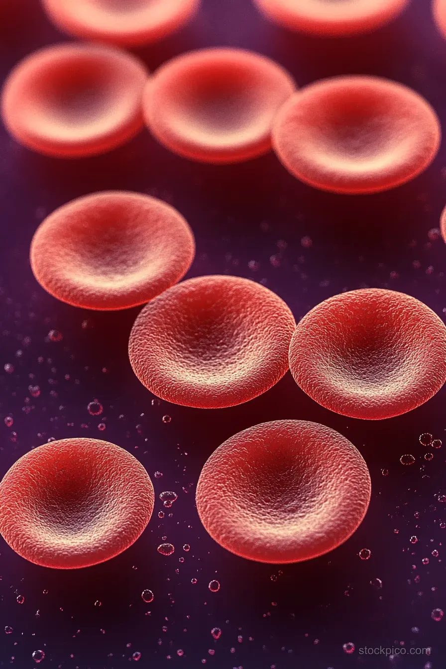 Red blood cells float in a dark plasma-like background in a close microscopic view.