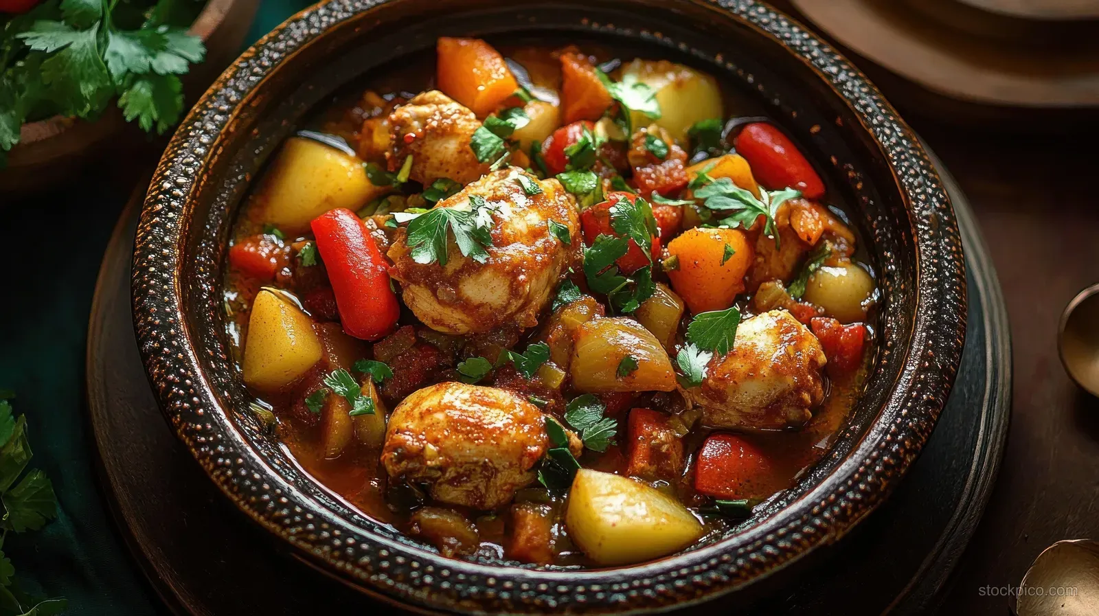 Rustic ceramic bowl filled with chunky chicken stew with potatoes, carrots, tomatoes, and fresh parsley on top.