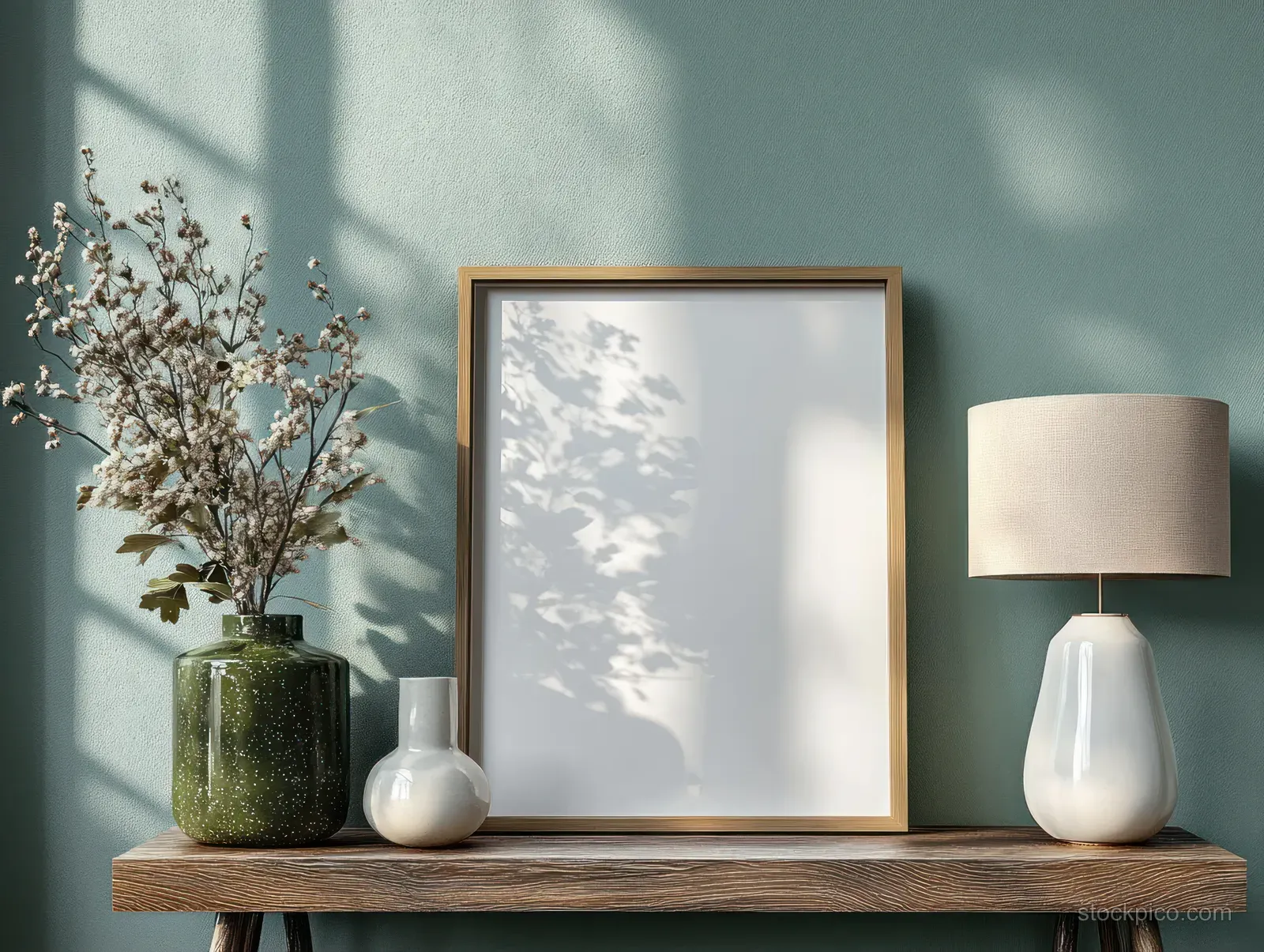Blank frame, vase with delicate flowers, and a soft table lamp sit on a wooden console in natural daylight.