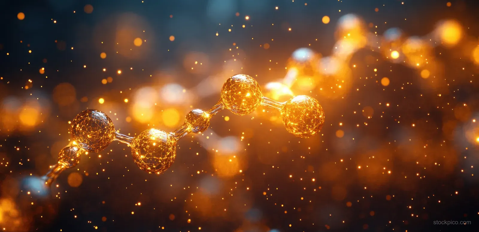 An abstract dopamine molecule glows in warm orange light with connected atomic spheres and floating bokeh particles.
