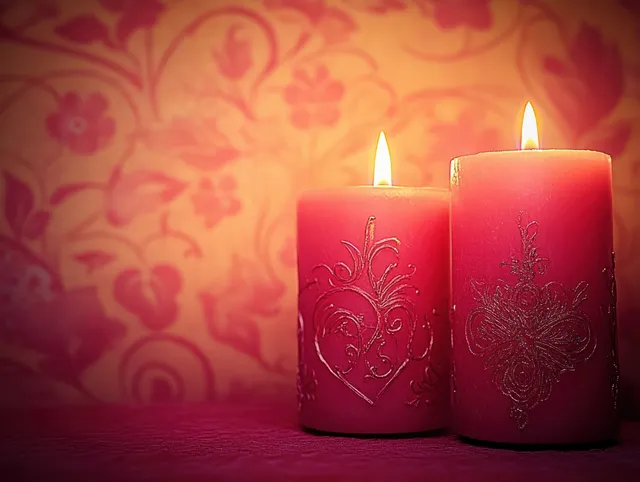 Two lit red decorative candles with ornate embossed patterns glow on a textured surface beside a warm floral background.