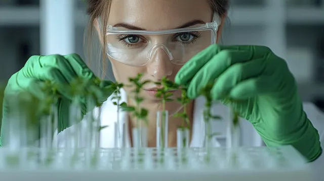 Scientist in goggles and green gloves studying sprouting plant samples in lab test tubes
