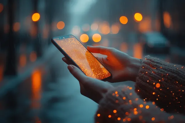 Hand holds a modern smartphone displaying glowing data icons in a blurred city at night