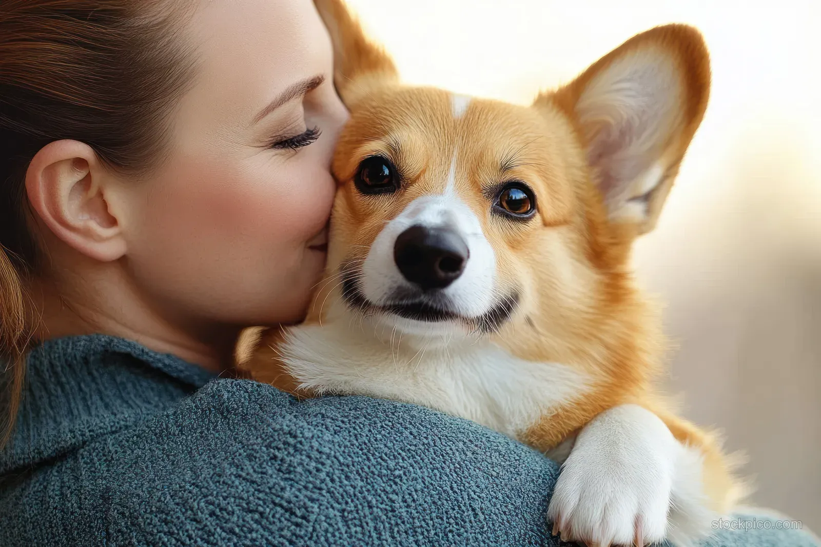 A veterinarian kisses a Pembroke Welsh Corgi dog during a veterinary examination in a clinic.