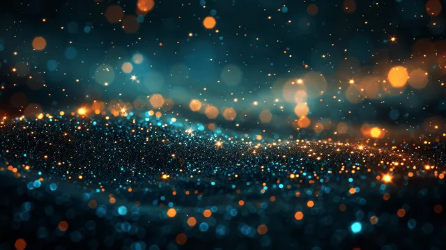 Golden glitter galaxy background with glowing particles and bokeh over dark green and blue